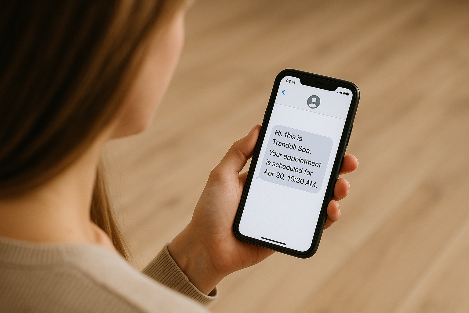 Client receiving automated SMS appointment reminder from Tranquil Spa on mobile phone